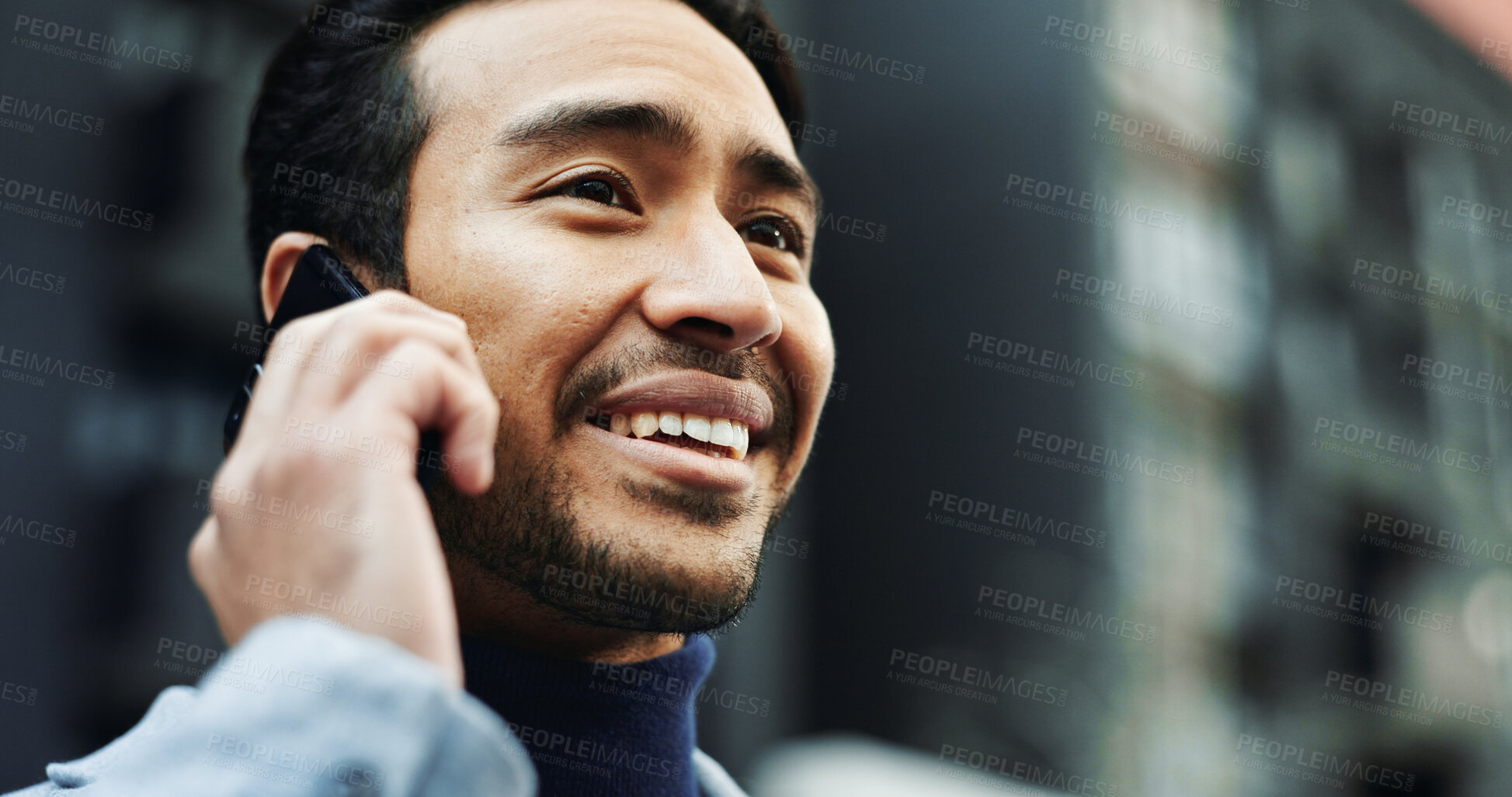 Buy stock photo Smile, business or man with phone call in city, settlement offer negotiation or case update for client. Space, legal advice or lawyer with mobile for hearing arrangement, town or billing discussion