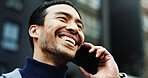 Contact, smile or businessman with phone call in city, settlement offer negotiation or case update. Happy, consulting client or lawyer with mobile for hearing arrangement, town or billing discussion