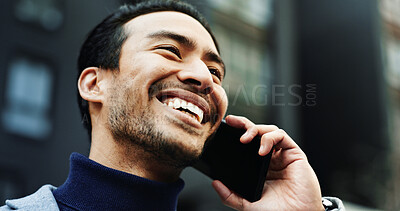 Buy stock photo Contact, smile or businessman with phone call in city, settlement offer negotiation or case update. Happy, consulting client or lawyer with mobile for hearing arrangement, town or billing discussion