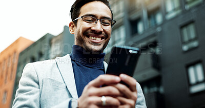 Buy stock photo Happy, city and business man with phone for chat, email and financial update on commute. Corporate, travel and low angle of person on cellphone for contact, message and feedback for client in town