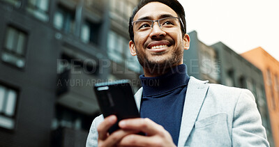 Buy stock photo Thinking, city and business man with phone for chat, email and financial advice on commute. Corporate, travel and low angle of person on cellphone for contact, message and feedback for client in town