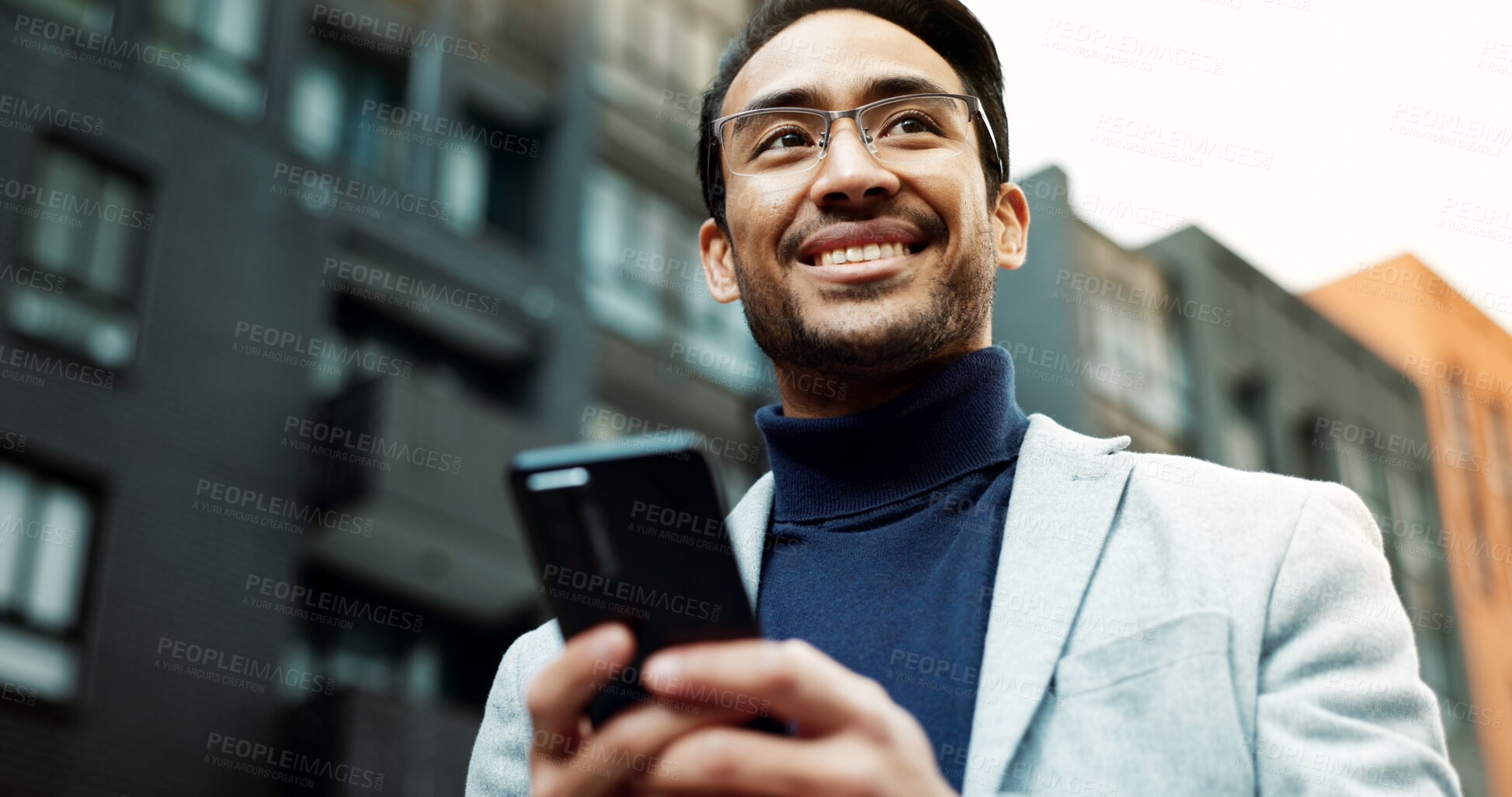 Buy stock photo Thinking, city and business man with phone for chat, email and financial advice on commute. Corporate, travel and low angle of person on cellphone for contact, message and feedback for client in town