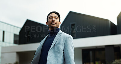 Buy stock photo Realtor, business and man in city with idea for urban development, building venture and real estate. Happy, corporate and person with inspiration, planning and thinking for property expansion in town