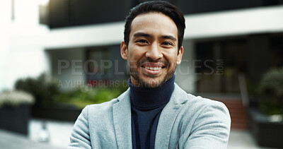 Buy stock photo Portrait, smile and businessman in city, about us or confident real estate lawyer with pride. Legal advisor, property attorney and happy person in town outdoor, justice or professional in Mexico