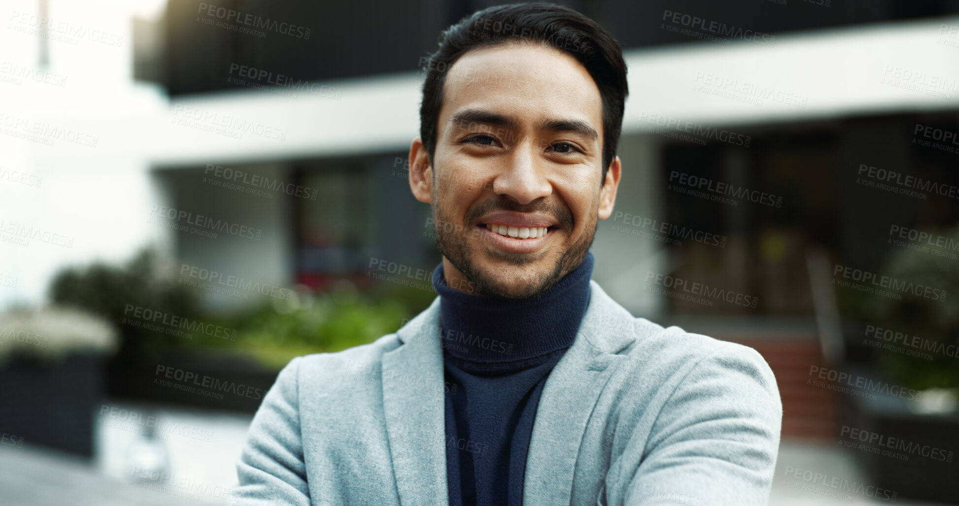 Buy stock photo Portrait, smile and businessman in city, about us or confident real estate lawyer with pride. Legal advisor, property attorney and happy person in town outdoor, justice or professional in Mexico