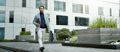 Buy stock photo Business, walking and man in city with bag for travel, journey and morning commute to office. Corporate, finance advisor and person in town with laptop for investor career, job or ambition with space