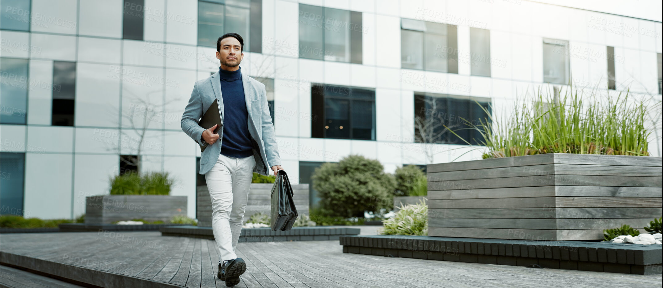 Buy stock photo Business, walking and man in city with bag for travel, journey and morning commute to office. Corporate, finance advisor and person in town with laptop for investor career, job or ambition with space