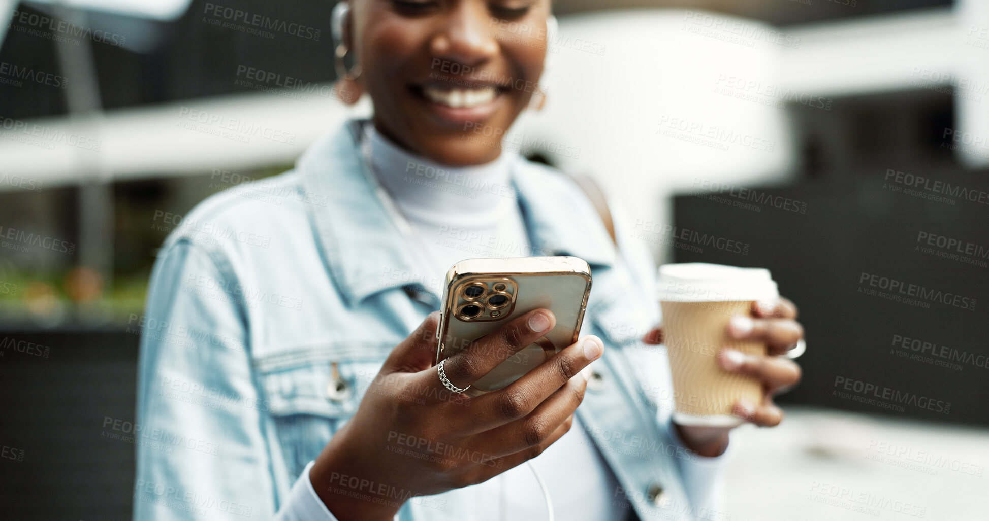 Buy stock photo Coffee, typing and black woman in city with phone for social media, contact and email in morning. Happy, commute and person with drink and cellphone for message, communication and internet in town