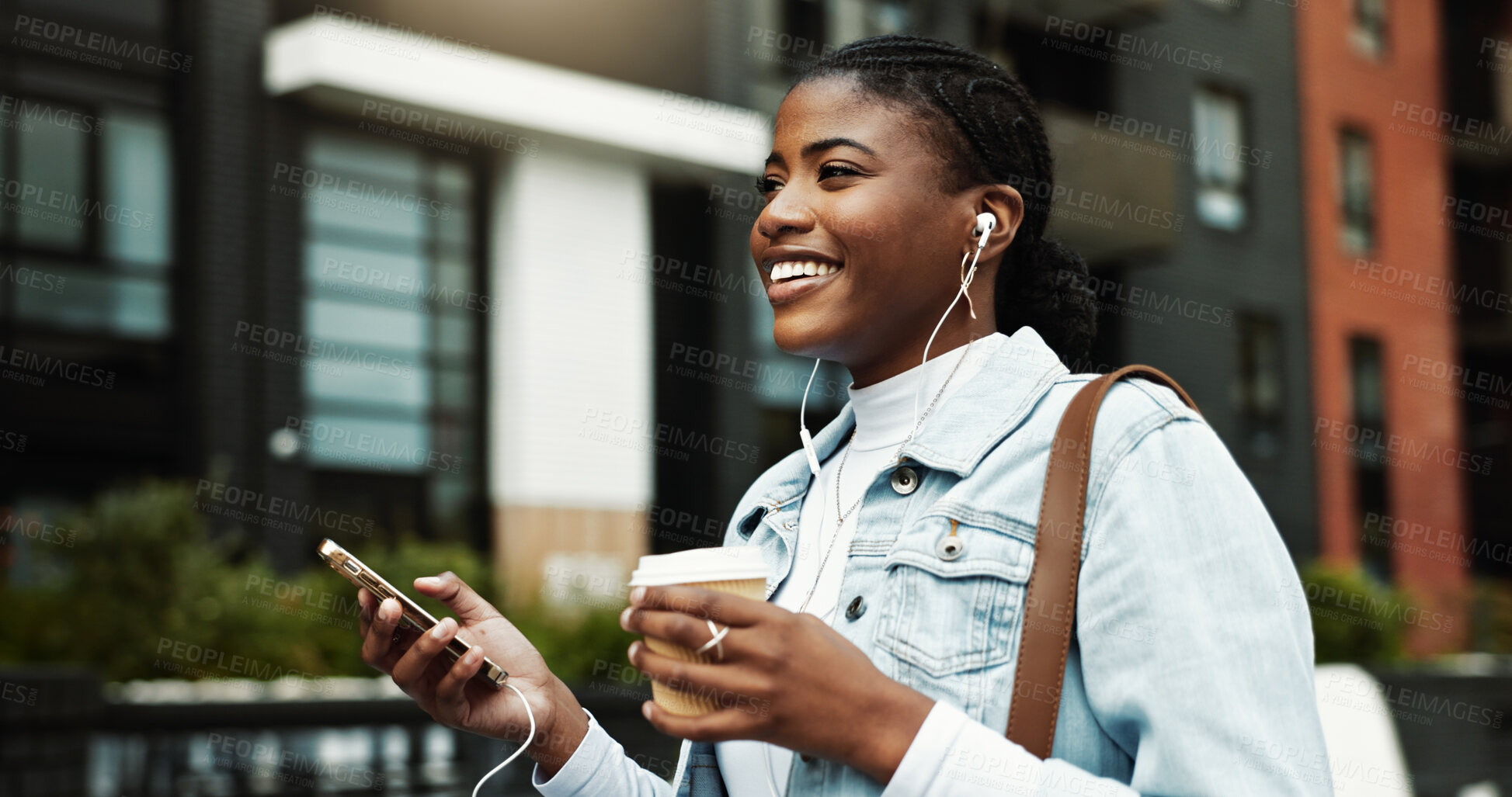 Buy stock photo Coffee, walking and black woman in city with music for travel, journey and morning commute. Happy, business and person with cellphone, earphones and drink for audio, podcast and playlist in town