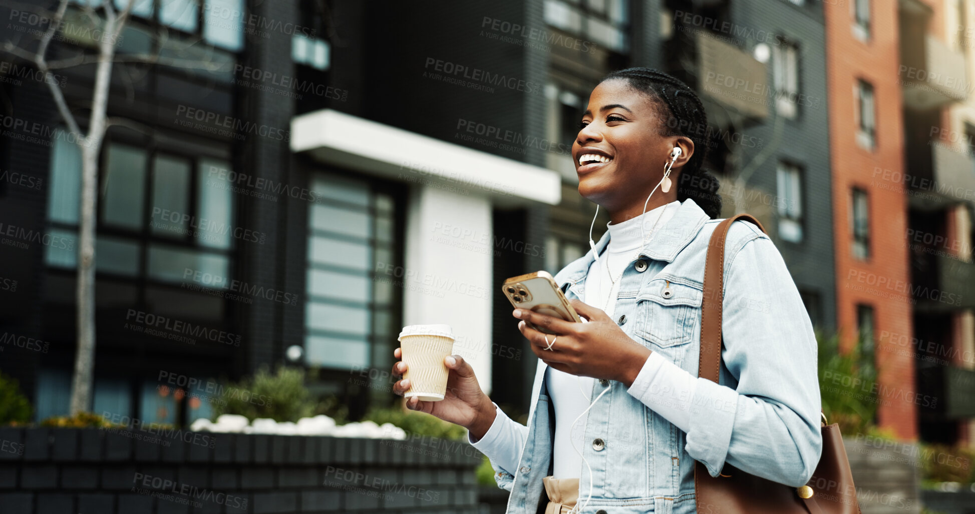 Buy stock photo Happy, black woman or travel with coffee, phone or music in city for morning commute to work. Female person, traveler or smile with earphones, beverage or smartphone for audio streaming in urban town