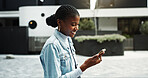 Reading, happy woman and travel with phone in city, university student and check exam updates on web. Online, message and black person with mobile for communication, outdoor and commuting to college