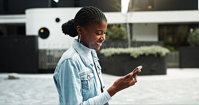Buy stock photo Reading, happy woman and travel with phone in city, university student and check exam updates on web. Online, message and black person with mobile for communication, outdoor and commuting to college