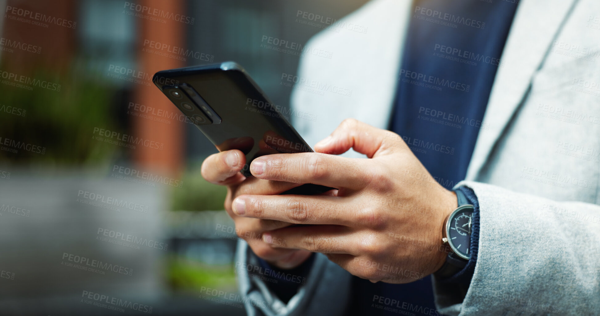 Buy stock photo Typing, hands and businessman in city with phone for chat, email and financial advice outdoor. Corporate, online and person on cellphone for contact, message and client update for investment in town
