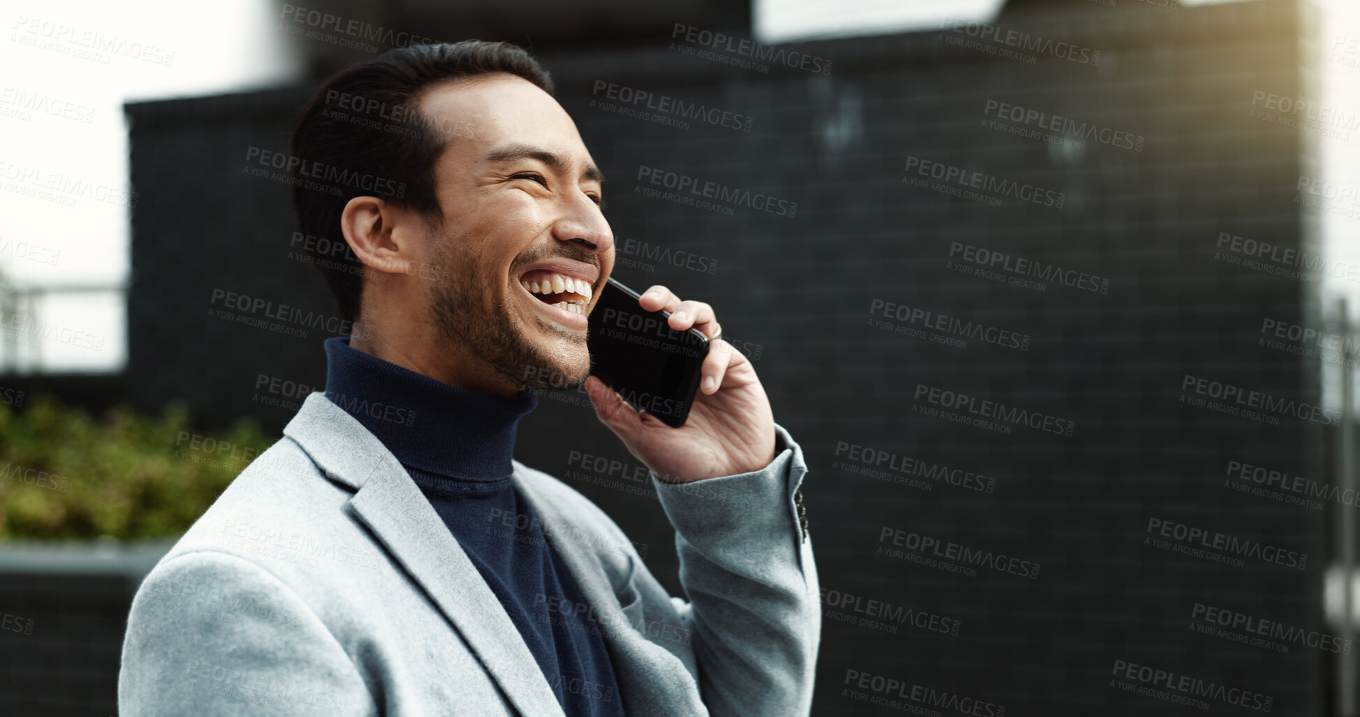 Buy stock photo Laughing, phone call and business man in city for chat, conversation and contact client on commute. Corporate, travel and happy person on cellphone for discussion, funny joke or communication in town