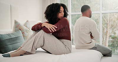 Buy stock photo Conflict, upset and couple on bed in home with toxic relationship, cheating or disagreement. Fighting, divorce and man with woman in bedroom for marriage problem, affair or argument in house.