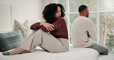 Buy stock photo Sad, couple or ignore with conflict on bed for disagreement, silent treatment or infidelity. Upset, people or disappointed with arms crossed for cheating, toxic marriage or emotional distance in home