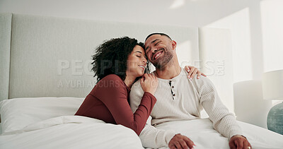 Buy stock photo Happy, couple and relax with hug in bedroom for love, cosy weekend and bonding together. Smile, people and romantic with embrace for partner affection, comfortable break and morning routine at house