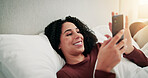 Ignore, couple and woman with phone in bed, online dating website or morning chat for secret flirting. Smile, cheating partner and person with mobile for relationship affair, reading message and home