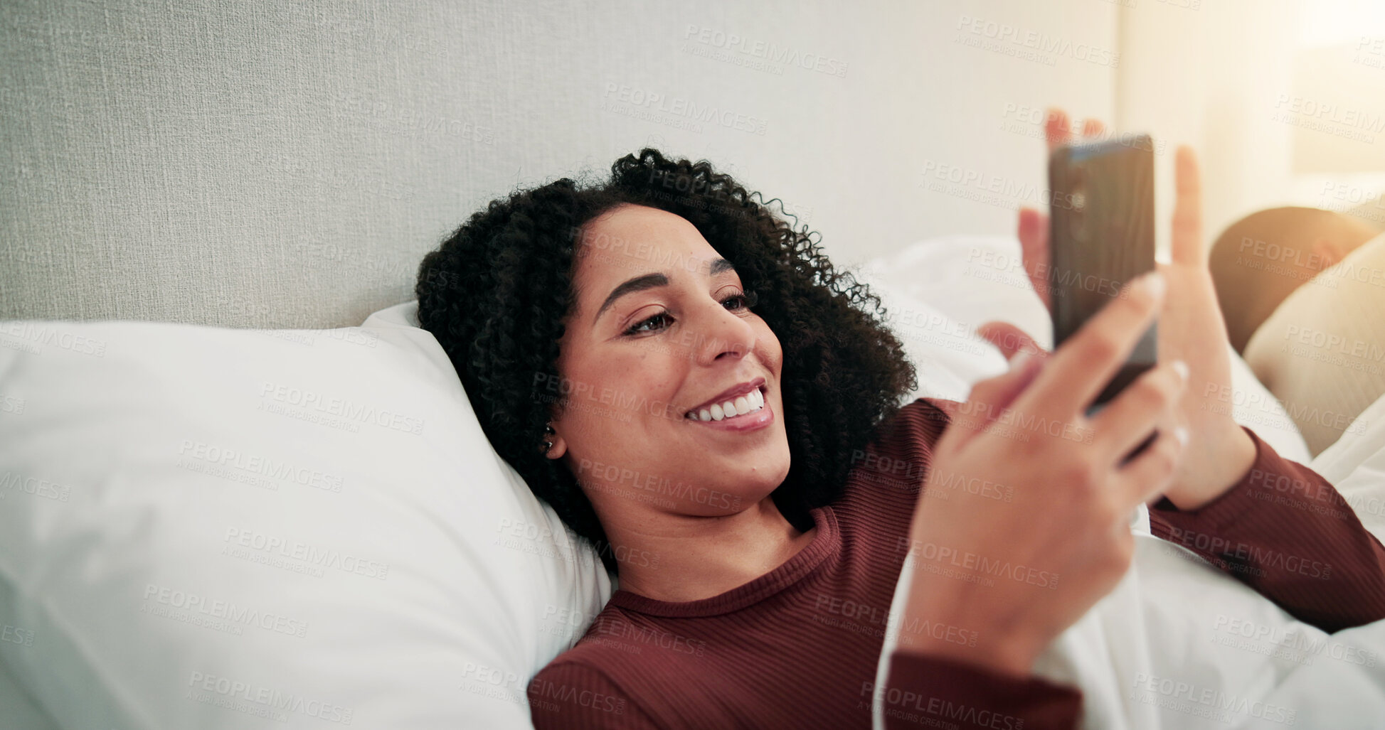 Buy stock photo Ignore, couple and woman with phone in bed, online dating website or morning chat for secret flirting. Smile, cheating partner and person with mobile for relationship affair, reading message and home