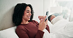 Ignore, couple or woman with mobile in bedroom, online dating website or morning chat for secret flirting. Smile, cheating partner or person with phone for hidden affair, reading message or home