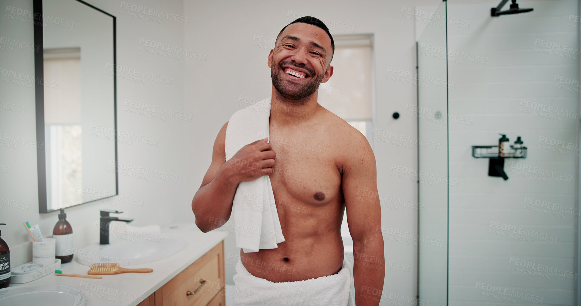 Buy stock photo Happy man, portrait and bathroom with towel for hygiene, grooming or shower preparation in home. Male person, shirtless or beauty with smile for morning routine, dermatology or self care in house