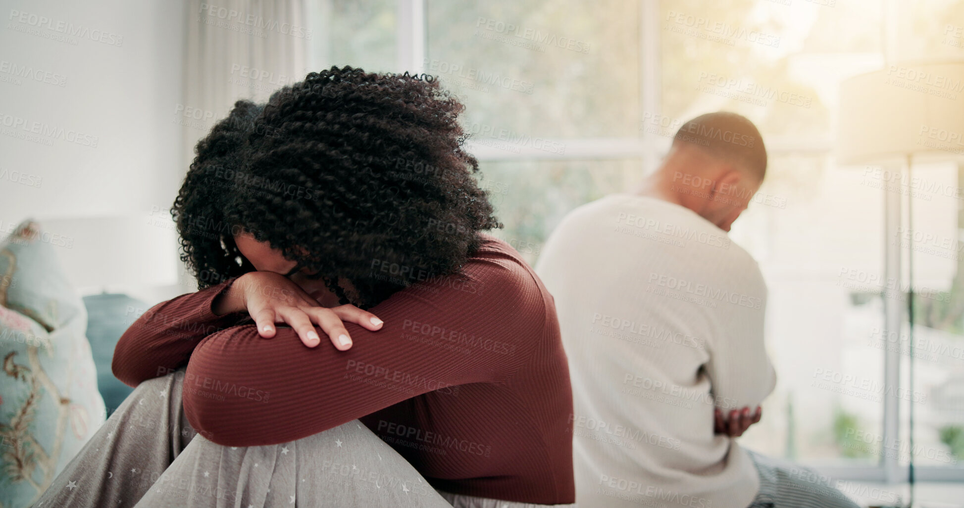 Buy stock photo Conflict, crying and couple on bed in home with toxic relationship, cheating or disagreement. Fighting, divorce and man with woman in bedroom for marriage problem, affair or argument in house.