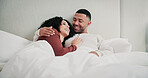 Love, cuddle or couple with smile in bedroom on weekend, romantic morning or conversation for bonding. Relax, support and happy people with hug for connection, care and talking in home together