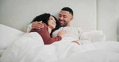 Buy stock photo Love, cuddle or couple with smile in bedroom on weekend, romantic morning or conversation for bonding. Relax, support and happy people with hug for connection, care and talking in home together