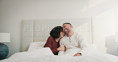 Buy stock photo Couple, relax and laugh with love in bedroom for stress relief,  unwind and cosy weekend. Smile, people and rest with embrace for partner affection, comfortable connection and morning routine in home