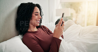 Buy stock photo Relax, couple and woman with phone in bed on weekend, reading ebook and texting for communication. Social media, message app or happy person with sleeping partner in home, mobile or browsing internet