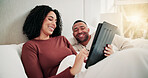 Happy couple, bonding and relax in bed with tablet, movies or connection for care, blanket and break in home. Woman, man and tech with relationship, streaming or subscription on application at house