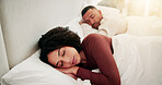 Woman, couple and sleeping in bedroom with peace, exhaustion and tranquility for dreaming together. Exhausted, married people and calm in house with comfortable rest, wellness and lazy weekend break.