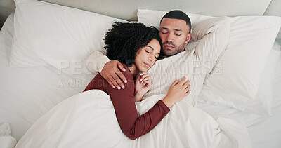 Buy stock photo Couple, hug and sleeping in bed with rest, care and above for bonding with connection in home. Woman, man and embrace with break, tired and dreaming with partnership in relationship at apartment