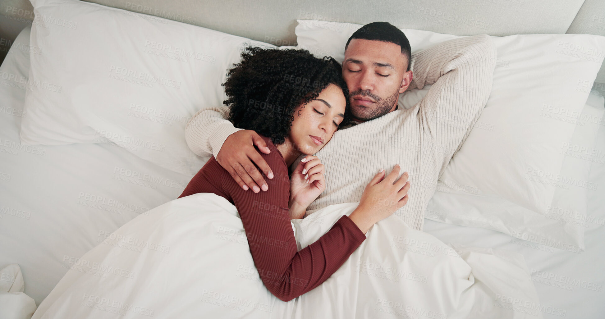 Buy stock photo Couple, hug and sleeping in bed with rest, care and above for bonding with connection in home. Woman, man and embrace with break, tired and dreaming with partnership in relationship at apartment