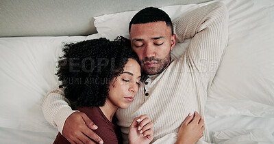 Buy stock photo Couple, hug and sleeping in bed with care, tired and above for bonding with connection in home. Woman, man and embrace with break, rest or dreaming with partnership in relationship at apartment