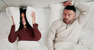 Buy stock photo Couple, insomnia and noise with snoring in bedroom above for sleep deprivation, fatigue or interruption. Frustrated, woman or irritated with man or partner asleep on bed with apnea or stress in home