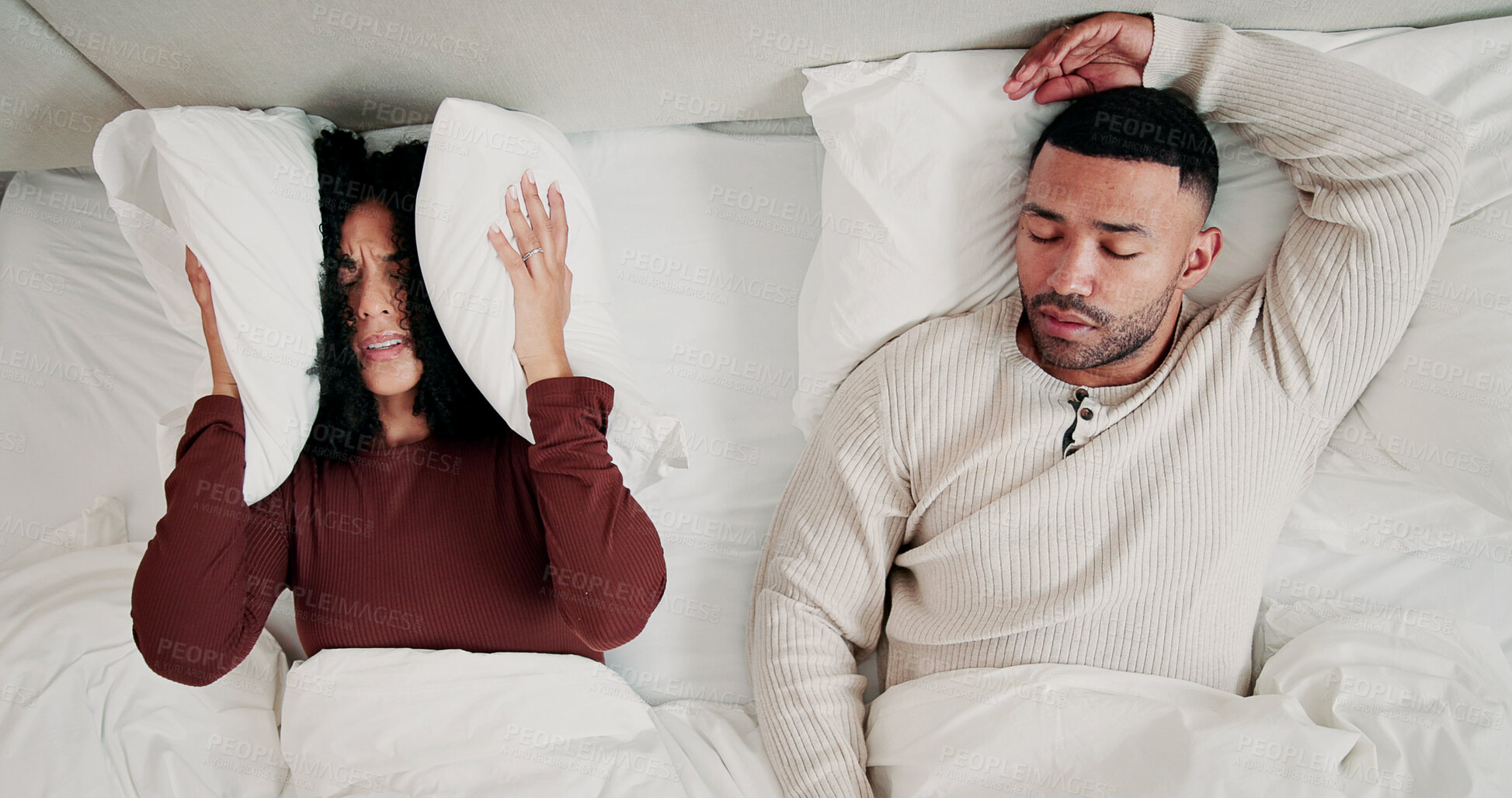 Buy stock photo Couple, insomnia and noise with snoring in bedroom above for sleep deprivation, fatigue or interruption. Frustrated, woman or irritated with man or partner asleep on bed with apnea or stress in home