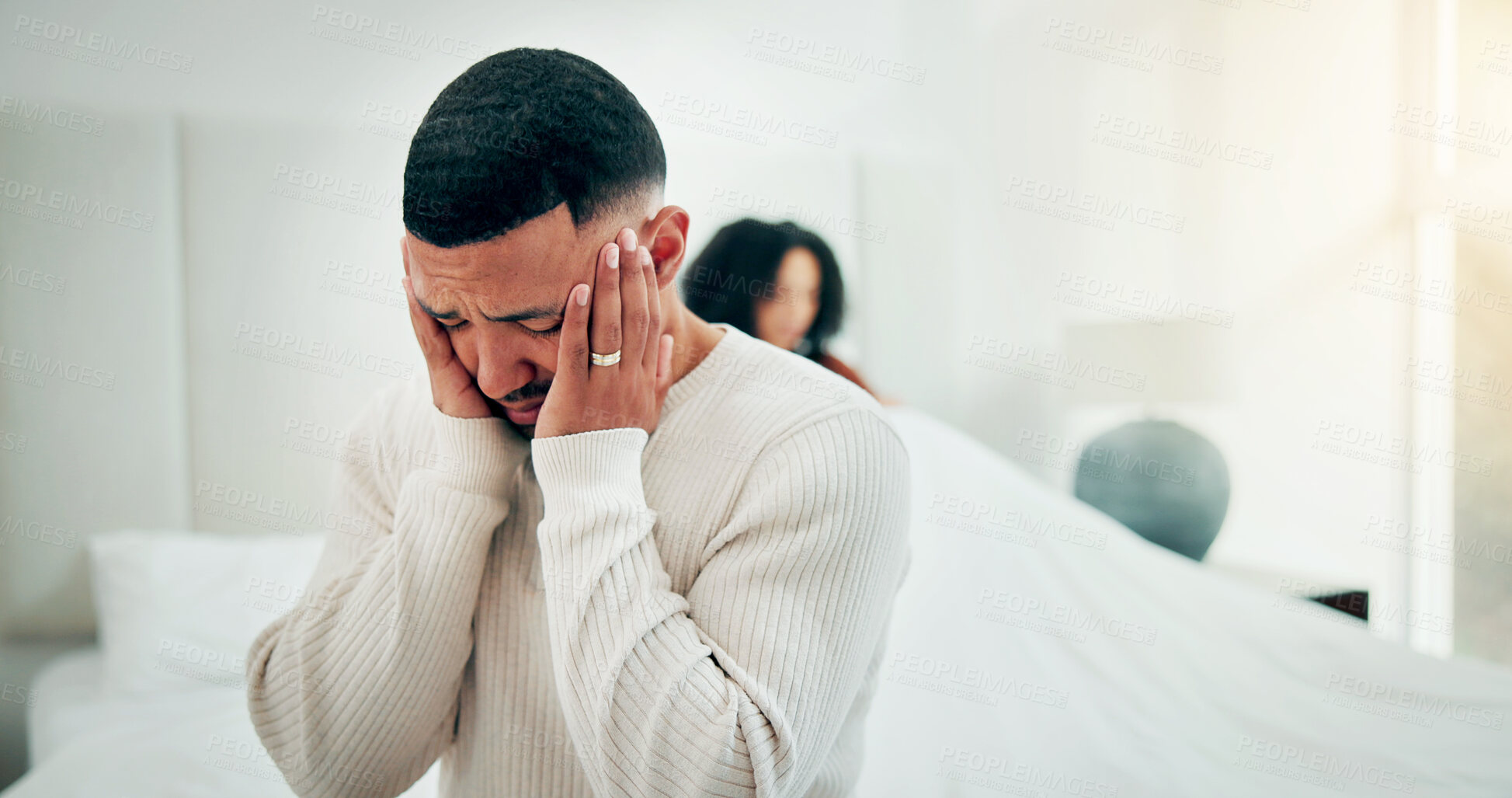 Buy stock photo Fight, man and stress on bed with regret for cheating, marriage infidelity and partner betrayal. Couple, people and disappointed with guilt for affair, relationship dispute or divorce anxiety in home