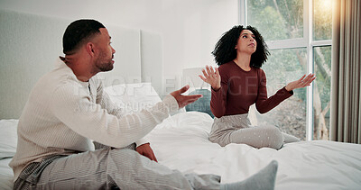 Buy stock photo Conflict, couple and angry with argument on bed for infidelity, confrontation and gaslighting. Fight, upset people and disagreement in home for cheating betrayal, relationship drama and deny affair