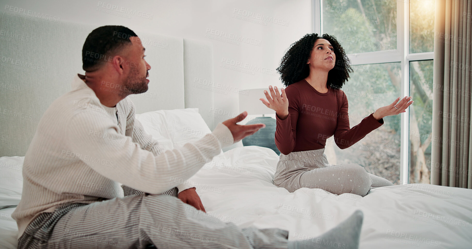 Buy stock photo Conflict, couple and angry with argument on bed for infidelity, confrontation and gaslighting. Fight, upset people and disagreement in home for cheating betrayal, relationship drama and deny affair