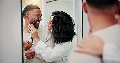 Buy stock photo Happy couple, joke and laugh in bathroom at mirror with care, connection and bonding in home. Woman, man and playful with smile, touch or relationship with partner for morning routine at apartment