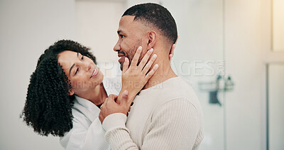Buy stock photo Happy, couple and bonding in bathroom, grooming and skincare with partner on break, together and love. Home, man and smile with woman on weekend, affection and morning hygiene with spouse or care