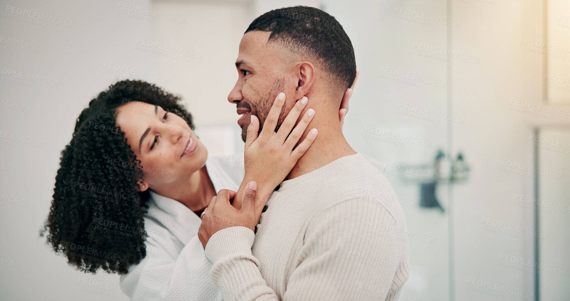 Buy stock photo Happy, couple and bonding in bathroom, grooming and skincare with partner on break, together and love. Home, man and smile with woman on weekend, affection and morning hygiene with spouse or care