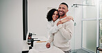 Love, couple and smile with hug in bathroom for self care, getting ready together or connection. Support, happy people and embrace portrait in home for grooming routine, morning hygiene and bonding