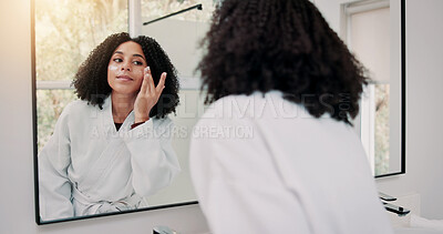 Buy stock photo Happy woman, grooming or skincare with lotion in mirror for hygiene or anti aging treatment in home. Female person, face cream or moisturizer with reflection for spa day or morning routine in house
