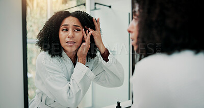 Buy stock photo Woman, mirror and skincare with acne in bathroom for hygiene, dermatology or pimple in home. Female person, stress and skin breakout with reflection or anxiety for beauty, bacteria or pore in house