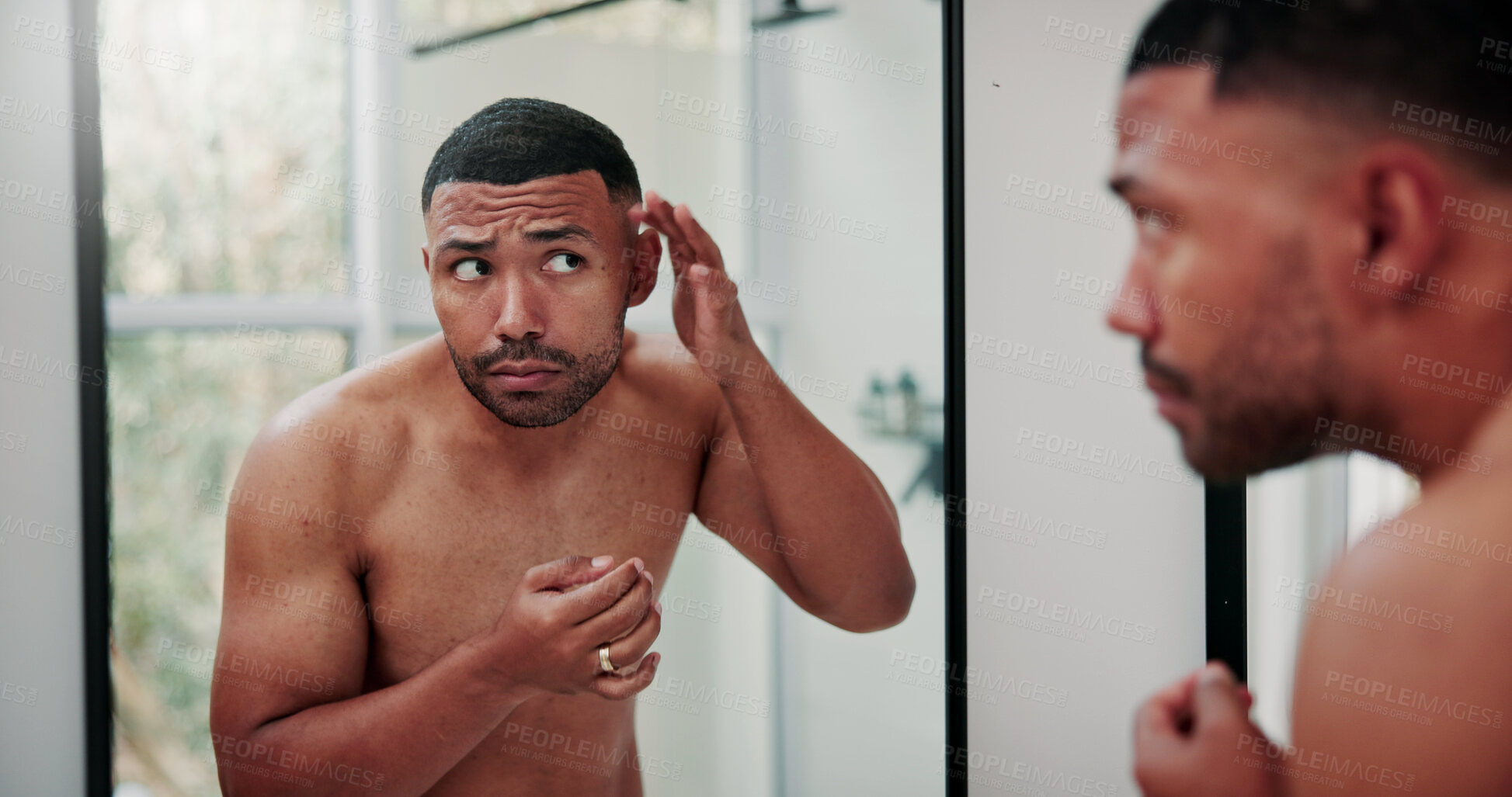 Buy stock photo Man, mirror and skincare with acne in bathroom for hygiene, dermatology or pimple in home. Male person, stress and skin breakout with reflection or anxiety for beauty, bacteria or pore in house