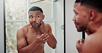 Man, mirror and skincare with breakout in bathroom for hygiene, dermatology or pimple in home. Male person, stress and skin acne with reflection or anxiety for beauty, bacteria or pore in house