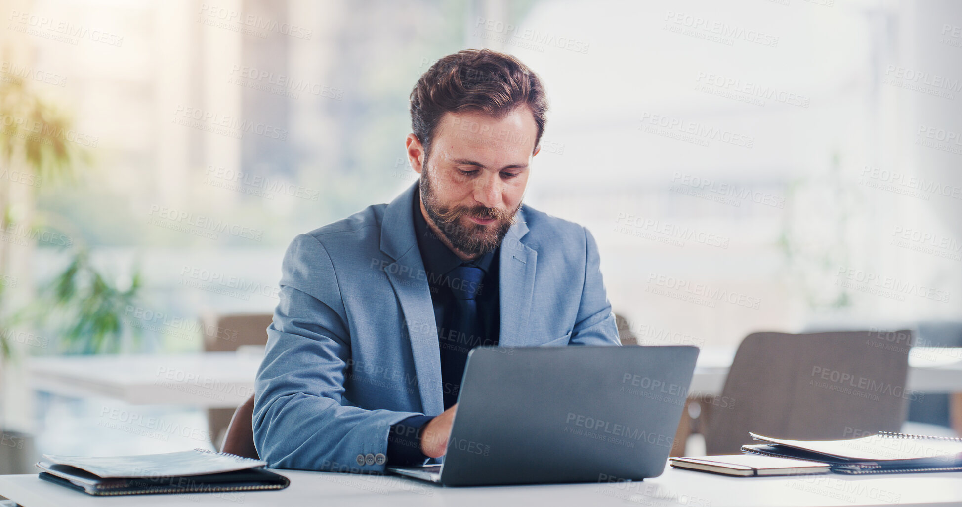 Buy stock photo Businessman, accounting and office with laptop for finance, budget planning or corporate tax audit. Man, accountant or research with computer for financial expenses, company bills or revenue service