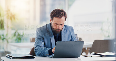 Buy stock photo Businessman, research or reading in office with laptop, stock market report or monitor company shares. Person, online trading or risk assessment in firm with computer, investment portfolio or website